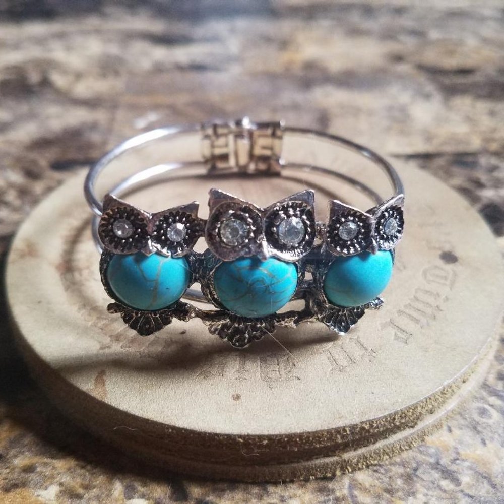 Three Owl Bracelet, Bangle, Cuff, Boho, Turquoise